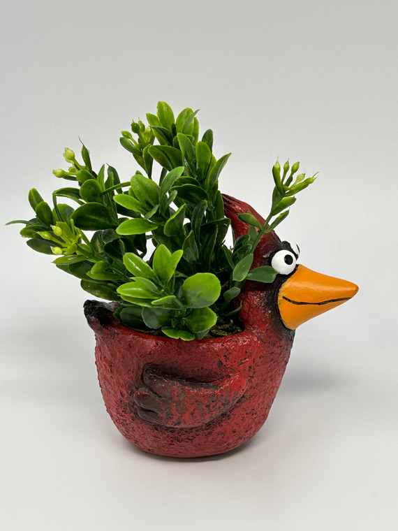 5" h Potted BABY CARDINAL Ruby Blob House Mini pot WITH faux Green Boxwood plant, handmade original by Lower Forty Farm, home office decor