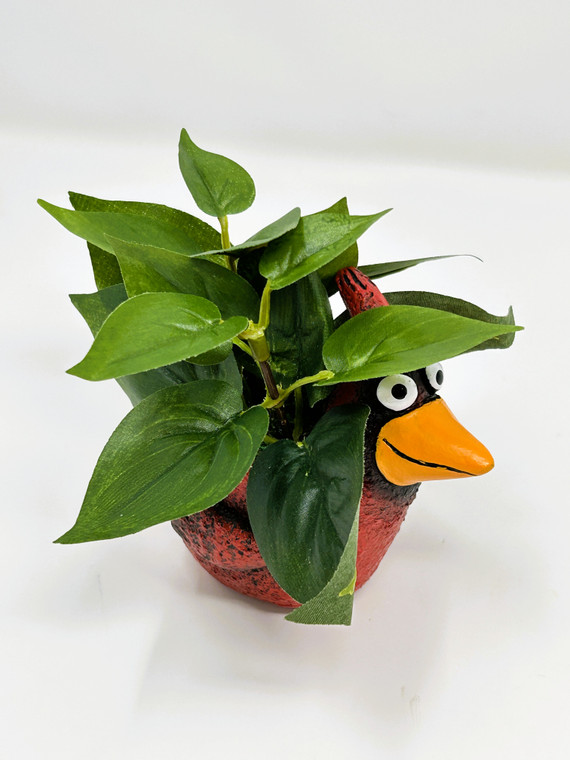 4.5" h Potted BABY CARDINAL Ruby Blob House Mini pot WITH faux Silk Pothos plant, handmade original by Lower Forty Farm, home office decor
