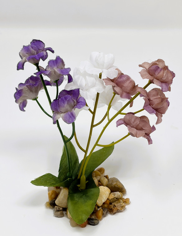 4 in. Small Lavender, White & Purple MIX  Soft Silk FLOWER Goldfish & Betta-safe plant, stone base, Lower Forty Farm artificial aquarium plant