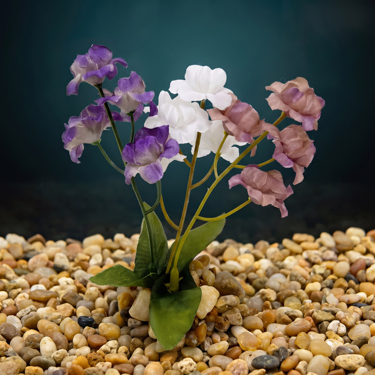4 in. Small Lavender, White & Purple MIX  Soft Silk FLOWER Goldfish & Betta-safe plant, stone base, Lower Forty Farm artificial aquarium plant