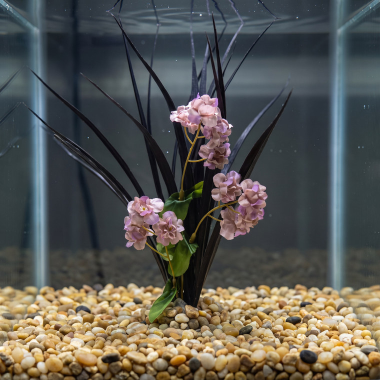 11" BLACK Vanilla SWORD Grass & LAVENDER flower Combo 837A, Stone base, Realistic Artificial Aquarium Soft Silk & plastic plant, Lower Forty Farm unique Halloween combination arrangement