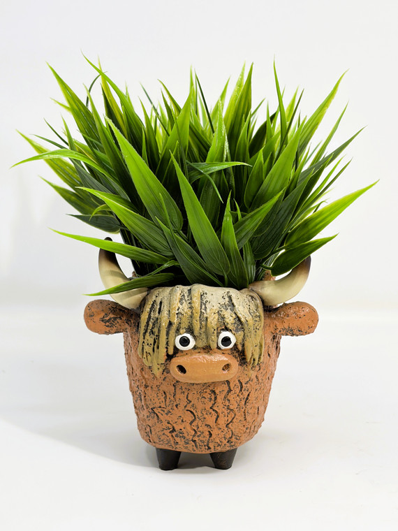 4" POTTED Dougal HIGHLAND COW Blob House Mini pot WITH soft Bamboo leaves as shown, filled artificial planter by Lower Forty Farm, OOAK unique gift, home office decor