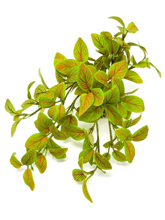 11" Long LARGE Light Green & Red Fittonia NERVE Silk Bush Aquarium plant, STONE base, Goldfish & Betta-safe plant, Lower Forty Farm artificial aquarium plant
