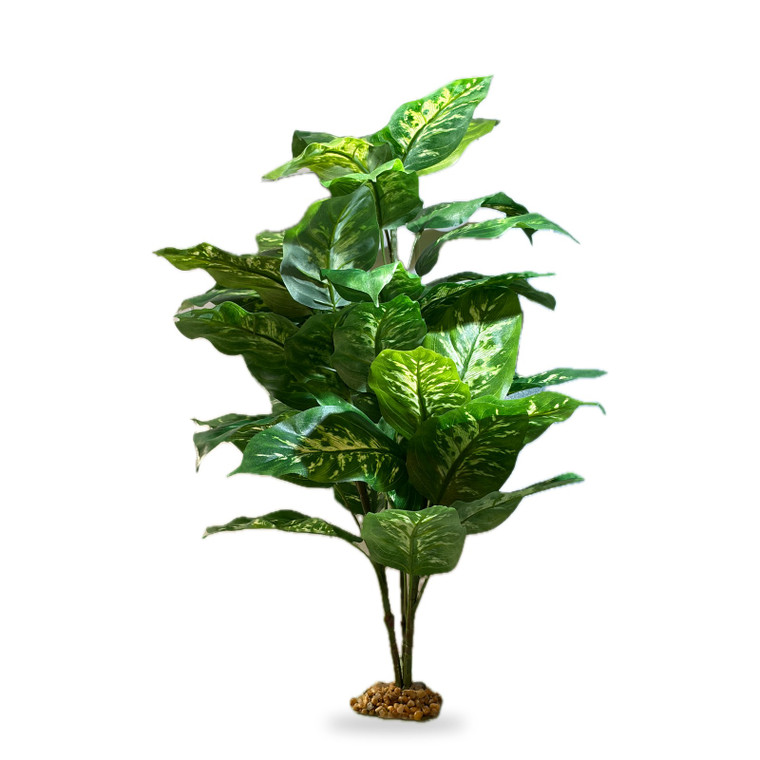 25" Jumbo 3-stem Silk Spotted DIEFFENBACHIA BUSH Variegated Shade Goldfish & Betta-safe, stone base, Lower Forty Farm artificial aquarium plant