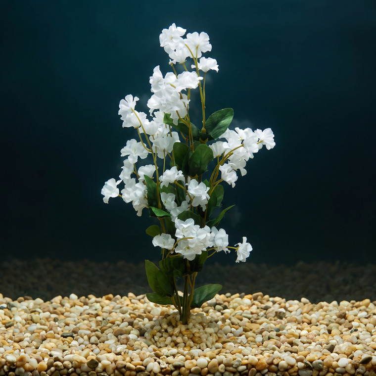 11 in. Bright WHITE Soft Silk Baby's Breath FLOWER Betta-safe plant, stone base, Lower Forty Farm artificial aquarium pl