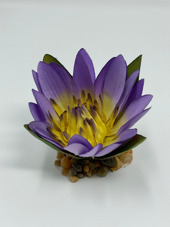 3" Small LILAC Blue-Purple Soft Silk WATER LILY Flower aquarium plant, Stone Base