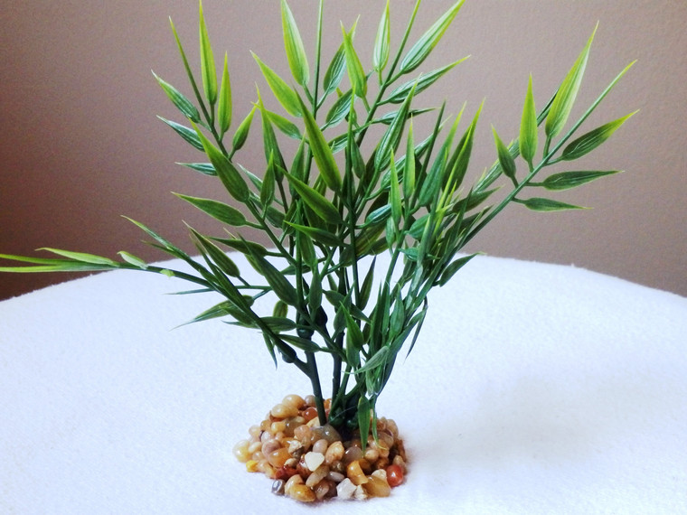 6" MINI Little-Leaves BAMBOO  plastic Plant w/ stone base