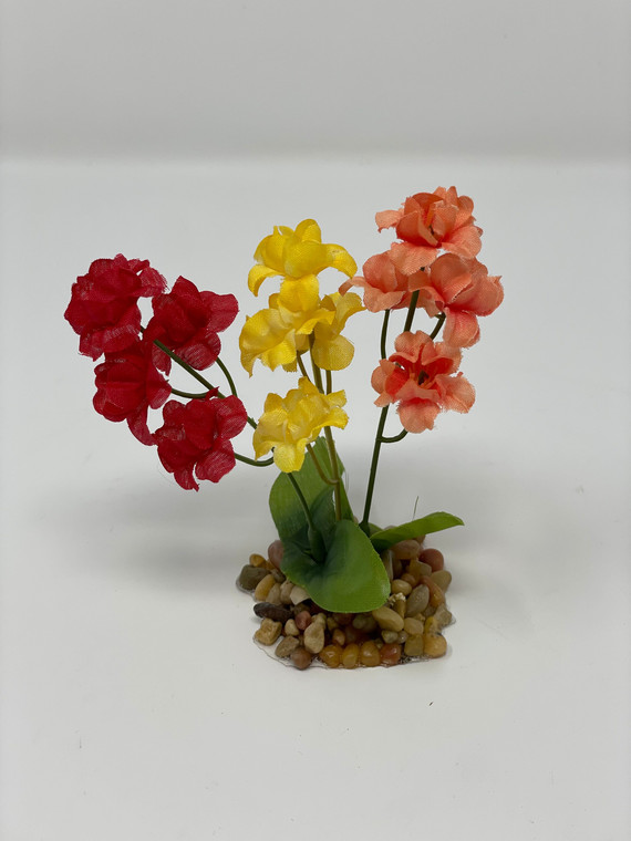 4 in.  Small Red, Orange & Yellow MIX  Soft Silk  FLOWER plant, Stone base