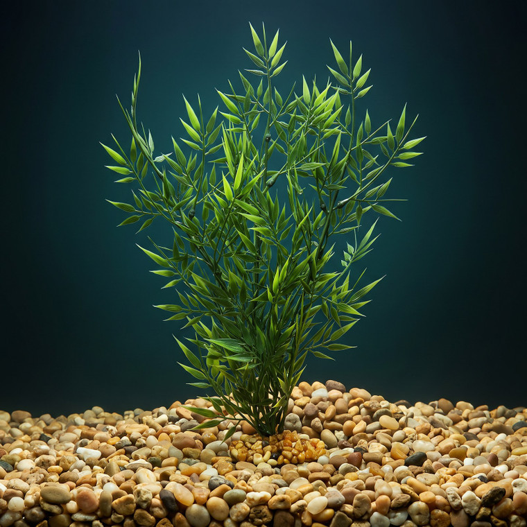 13" Small  LITTLE-LEAF Light Green BAMBOO 3-stem Soft Flowing Plastic Plant, Stone Base, Lower Forty Farm, unique handma
