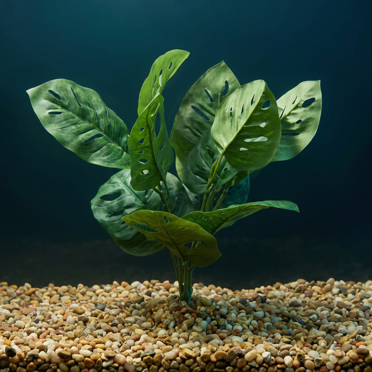 12"x12" Split Leaf PHILO BUSH Silk Philodendron aquarium PLANT, Stone base, Goldfish & Betta-safe plant, Lower Forty Far