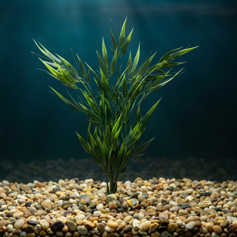 12" Small REGULAR-LEAF Dark Green BAMBOO 3-stem Soft Flowing Plastic Plant, Stone Base, Lower Forty Farm, unique handmad