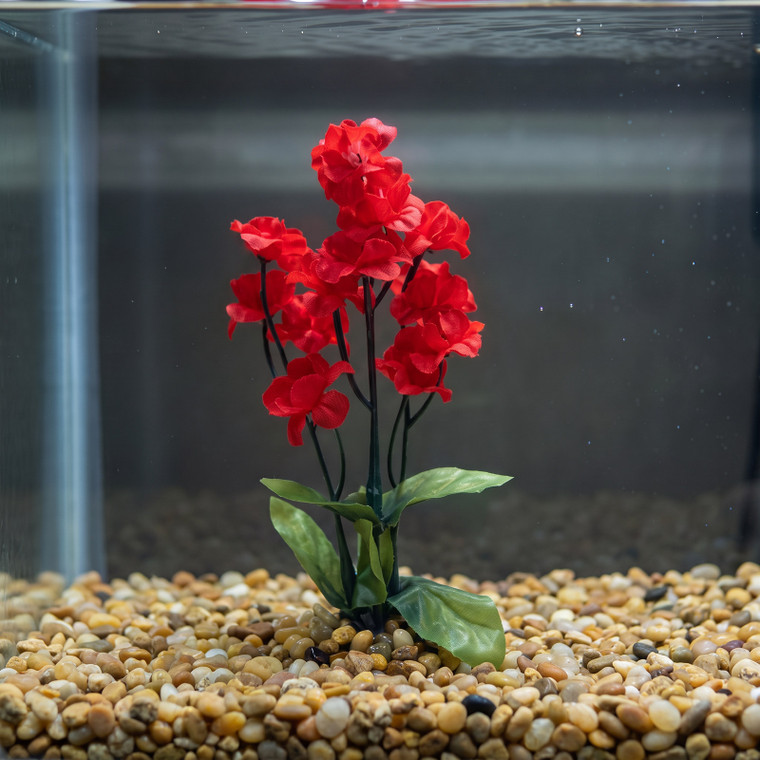 5.5 in. Bright RED Soft Silk Baby's Breath Small FLOWER  plant, Stone base, Goldfish & Betta-safe plant, Lower Forty Farm artificial aquarium plant