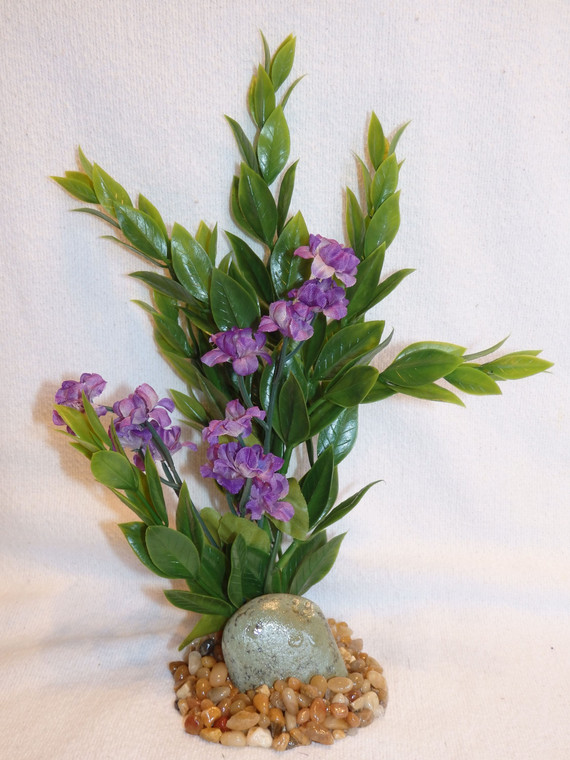 9" SEA SPRAY plant & Purple FLOWER with Large Green Pebble in stone base 802 PUR