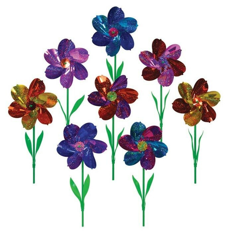 8 pk  8" Mylar FLOWER SPARKLE PINWHEELS with LEAVES Ground Wind Spinner, 2721 8 pk  8" Mylar FLOWER SPARKLE PINWHEELS with LEAVES Ground Wind Spinner, 2721