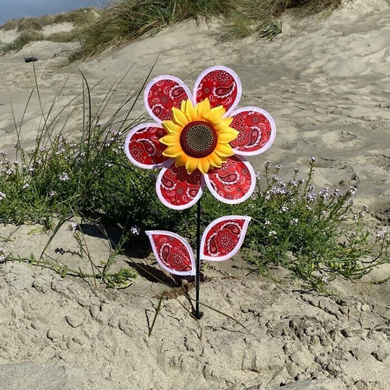 12" w Red PAISLEY SUNFLOWER with Leaves Ground Stake Wind Spinner, ITB-2662 12" w Red PAISLEY SUNFLOWER with Leaves Ground Stake Wind Spinner, ITB-2662