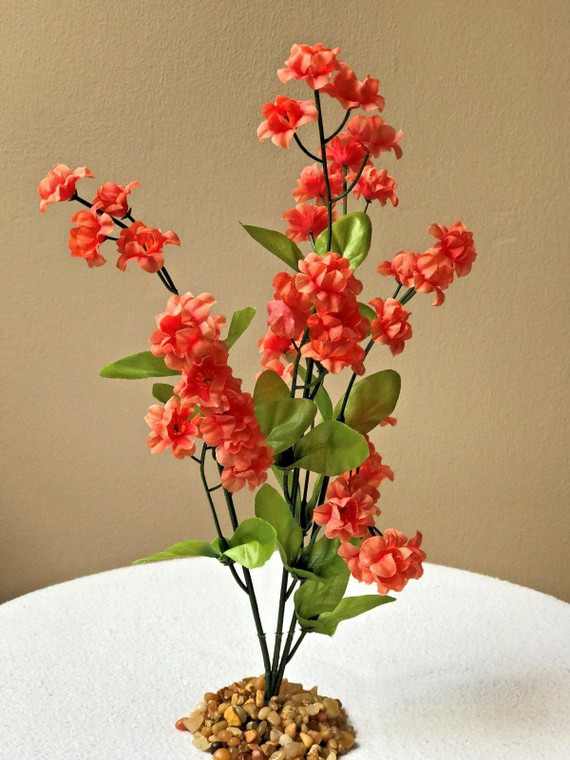 11 in.  CORAL, LT. ORANGE silk FLOWER PLANT, STONE BASE