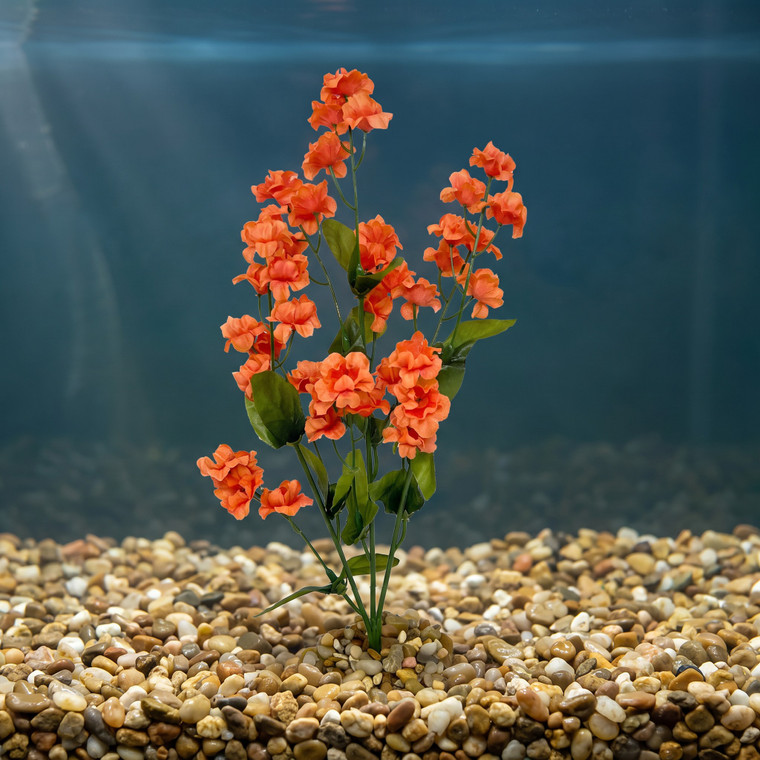 11 in.  Coral Lt. ORANGE soft silk FLOWER plant with stone base, Goldfish & Betta-safe plant, Lower Forty Farm artificia