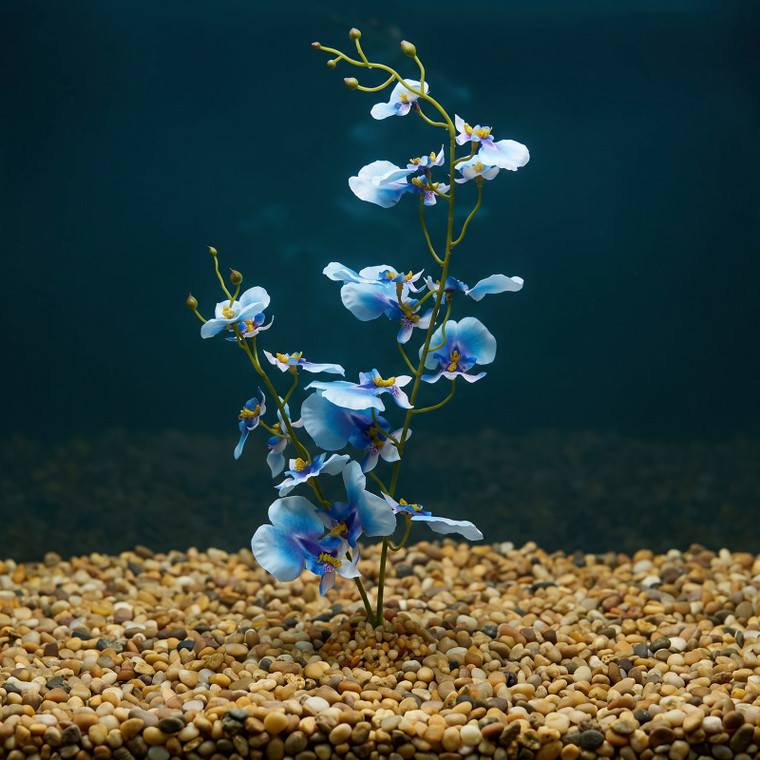 15" MD 2-stem BLUE Oncidium ORCHID Soft Silk flower aquarium plant, Stone base, Goldfish & Betta-safe plant, Lower Forty