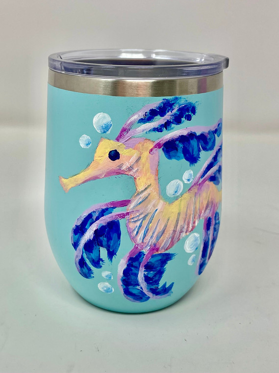 Hand-painted SEAHORSE theme on Aqua cup, 12 oz Stainless Steel POLAR CAMEL Wine Tumbler, gift boxed