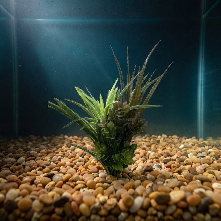10" Brown SWORD Grass, Dk Green DRACAENA & Brown BOXWOOD 816 combo plant, stone base, Goldfish & Betta-safe plant, Lower