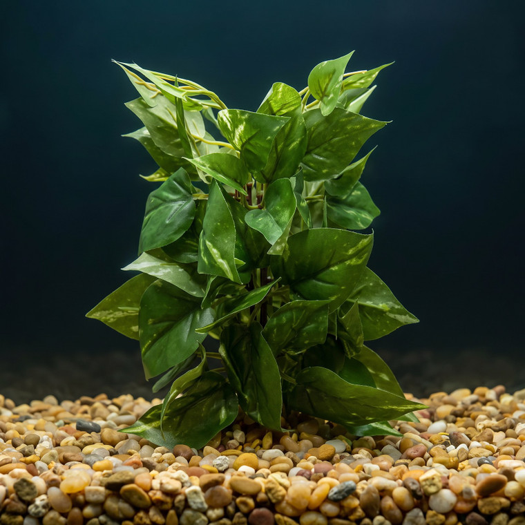 7"x 5" MEDIUM Green/White POTHOS Bush, soft silk plant in stone base, Goldfish & Betta-safe plant, Lower Forty Farm arti