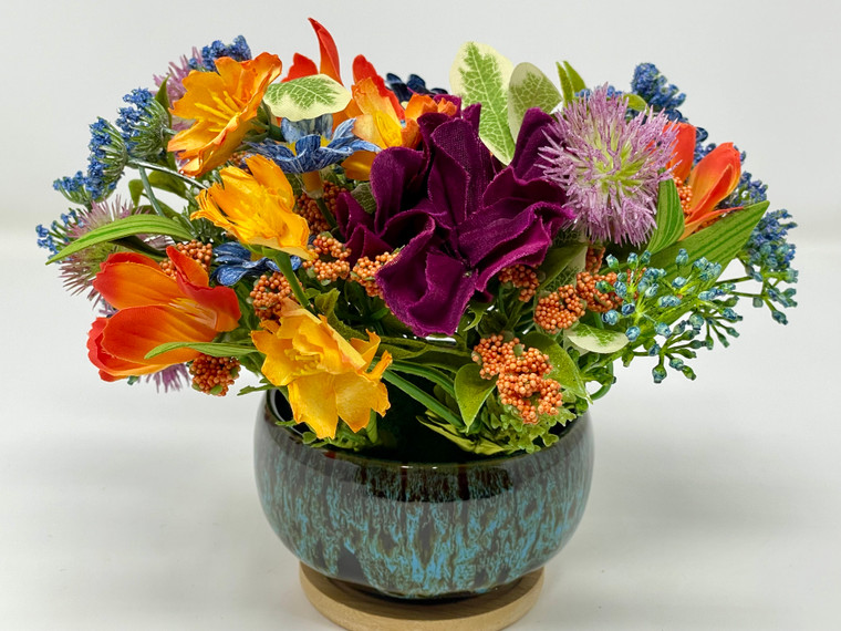 Small Spring arrangement in Brown container with Blue glaze