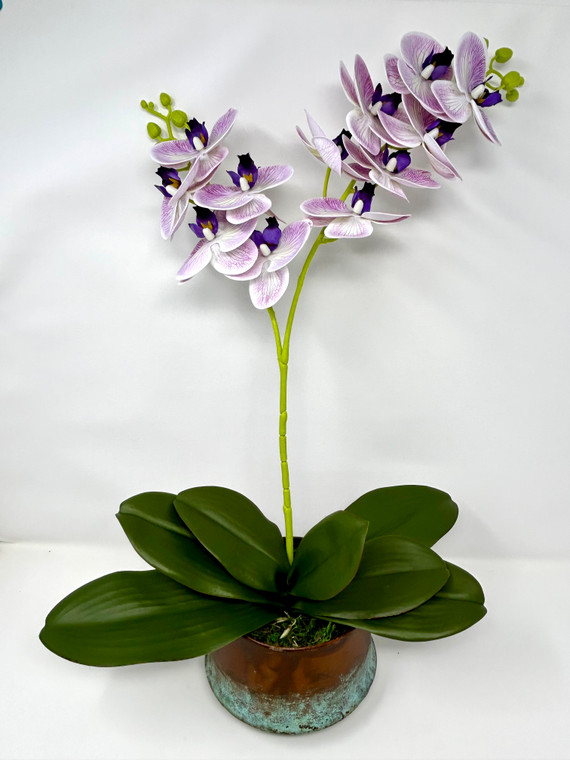 21" Lg Artificial Purple PHALAENOPSIS ORCHID faux Silk flower plant potted in Copper Pot