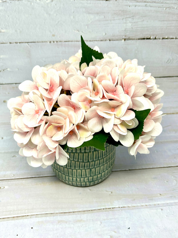 8" Small Artificial PINK HYDRANGEA faux Silk flowers potted in Teal/Cream Ceramic Pot