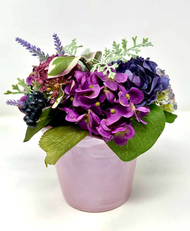 8" Small Artificial PINK & PURPLE BOUQUET faux Silk flowers potted in VINTAGE Pink Ceramic Pot