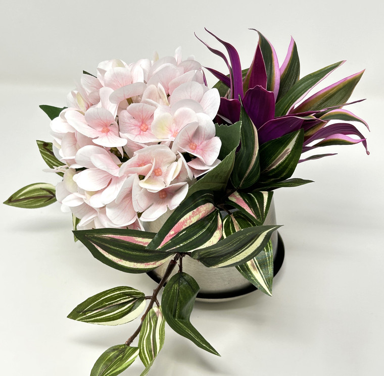 7" Artificial Purple TRADESCANTIA & Pink HYDRANGEA Silk flower potted plants in Silver Metal Pot