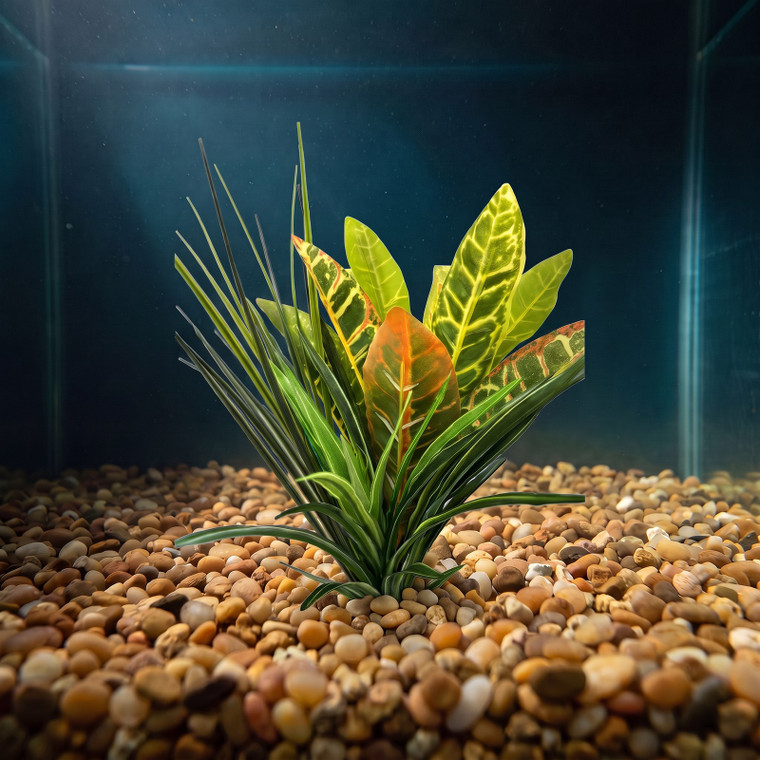 13" Green Spike Weed Grass, Dark Green DRACAENA & CROTON 807B combo plant, stone base, Realistic Artificial Aquarium pla