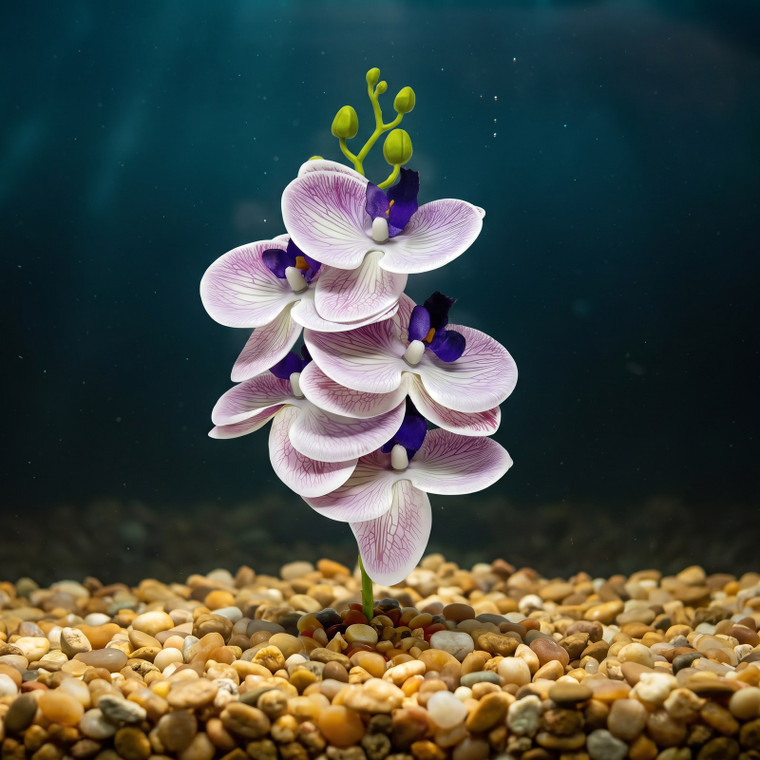 9" PURPLE Lavender Phalaenopsis DOUBLE ORCHID Soft Silk Aquarium flower plant, Stone base, Goldfish & Betta-safe plant, 