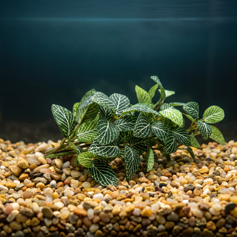 8-9" Long LOW Dk Green Fittonia NERVE Silk Aquarium plant, STONE base, Goldfish & Betta-safe plant, Lower Forty Farm art