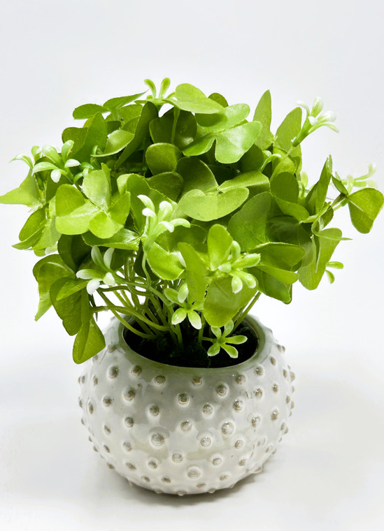 7" Small Artificial SHAMROCK CLOVER faux Silk plant potted in Cream Dot Ceramic Pot, handmade original by filled artificial planter by Lower Forty Farm, OOAK unique gift, home office decor