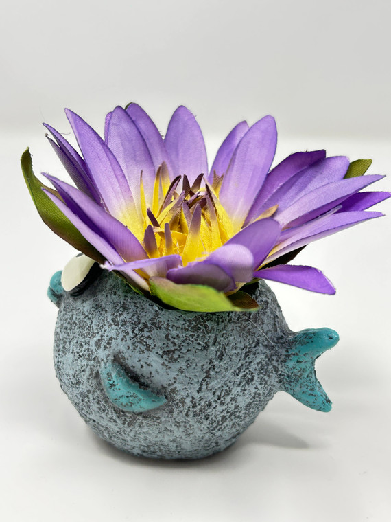 4" Potted BUBBLES Blue FISH Blob House Mini pot with silk LILY  flower as shown