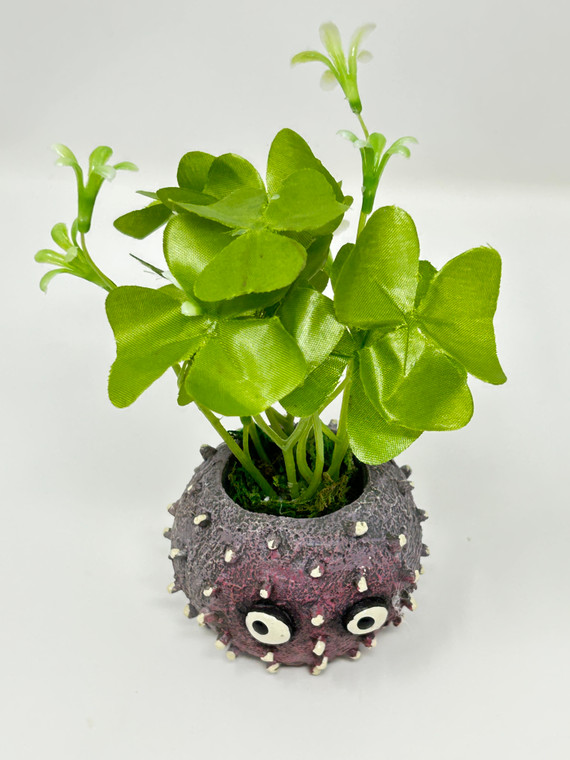 4.5" Mini Potted Purple UNI URCHIN Blob House pot with faux silk SHAMROCK clover plant, handmade original by filled artificial planter by Lower Forty Farm, OOAK unique gift, home office decor