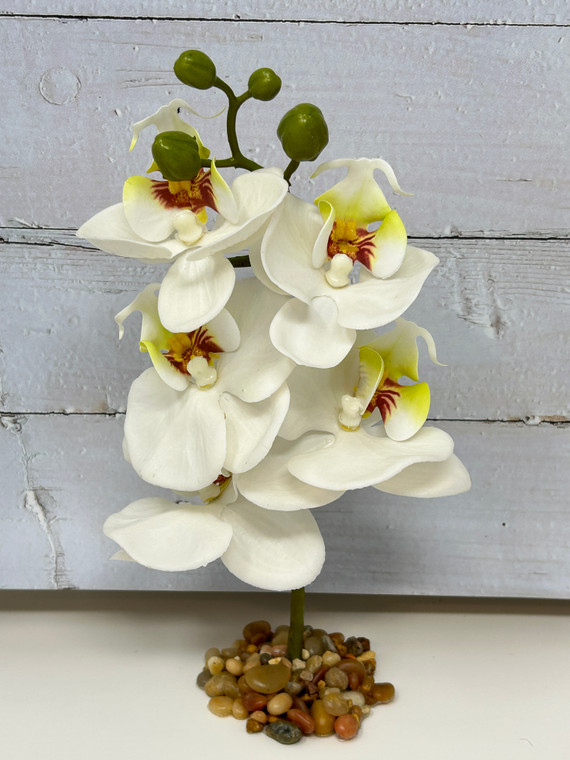 10 in. White Real Touch PHALAENOPSIS ORCHID 5-blossom Soft Silk Aquarium flower plant, Stone base, Betta-safe plant, Lower Forty Farm realistic artificial aquarium plant