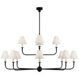 Visual Comfort & Co. Signature Collection Piaf Grande Two-Tier Chandelier, 12-Light, LED, Aged Iron, Ebonized Oak, Linen Shade, 58"W (TOB 5453AI/EBO-L CWZ4Q) 