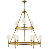 Visual Comfort & Co. Signature Collection Classic Two-Tier Ring Chandelier, 9-Light, Hand-Rubbed Antique Brass, Linen Shade, 44"W (SL 5813HAB-L D05PF) 