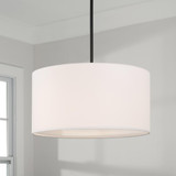 Capital 18" W x 9" H 3-Light Pendant in Matte Black with White Fabric Drum Shade and Acrylic Diffuse 