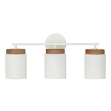 Capital 3-Light Cylindrical Vanity in White with Mango Wood and Soft White Glass 