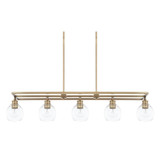 Mid Century Linear Chandelier, 5-Light, Aged Brass, Clear Glass, 47"W