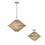 Capital 1-Light Dual Mount Pendant in Matte Brass with Mango Wood and Handwrapped Natural Jute Rope String 