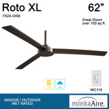 Roto XL Outdoor Ceiling Fan, 3-Blade, Oil Rubbed Bronze, Oil Rubbed Bronze Blades, 62"W (F624-ORB EMAE)