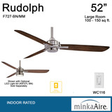 Rudolph Ceiling Fan, 3-Blade, Brushed Nickel, Medium Maple Blades, 52"W (F727-BN/MM EMAW)