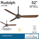 Rudolph Ceiling Fan, 3-Blade, Oil Rubbed Bronze, Oil Rubbed Bronze Blades, 52"W (F727-ORB EN73)