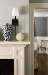 Monroe Wall Sconce, 1-Light, Matte Black, Soft White Fabric Shade, 20"H, Savoy House (9-302-1-89 1N3WC)