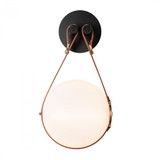 Derby Wall Sconce, 1-Light, LED, Black, Antique Brass, Leather British Brown, Plain Disc, Opal Glass, 20.75"H (201030-LED-10-27-LB-NL-GG0672 5DGU3D)