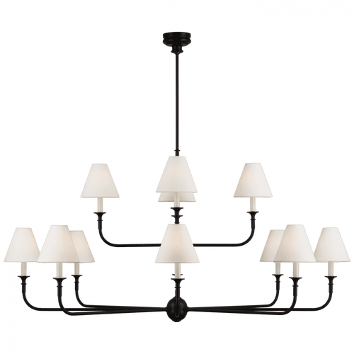 Visual Comfort & Co. Signature Collection Piaf Grande Two-Tier Chandelier, 12-Light, LED, Aged Iron, Ebonized Oak, Linen Shade, 58"W (TOB 5453AI/EBO-L CWZ4Q) 