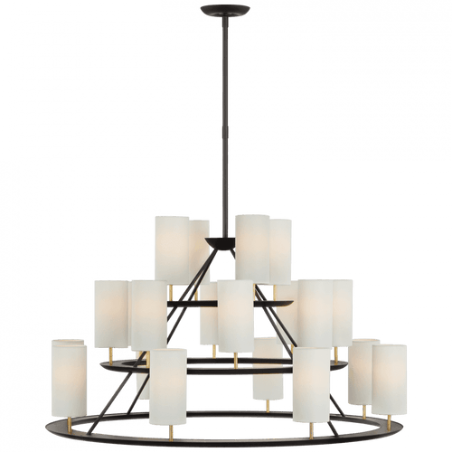 Visual Comfort & Co. Signature Collection Trevi X-Large 3-Tier Chandelier, 20-Light, LED, Matte Black, Gild, Linen Shade, 43.5"W (ARN 5285BLK/G-L D02UJ) 
